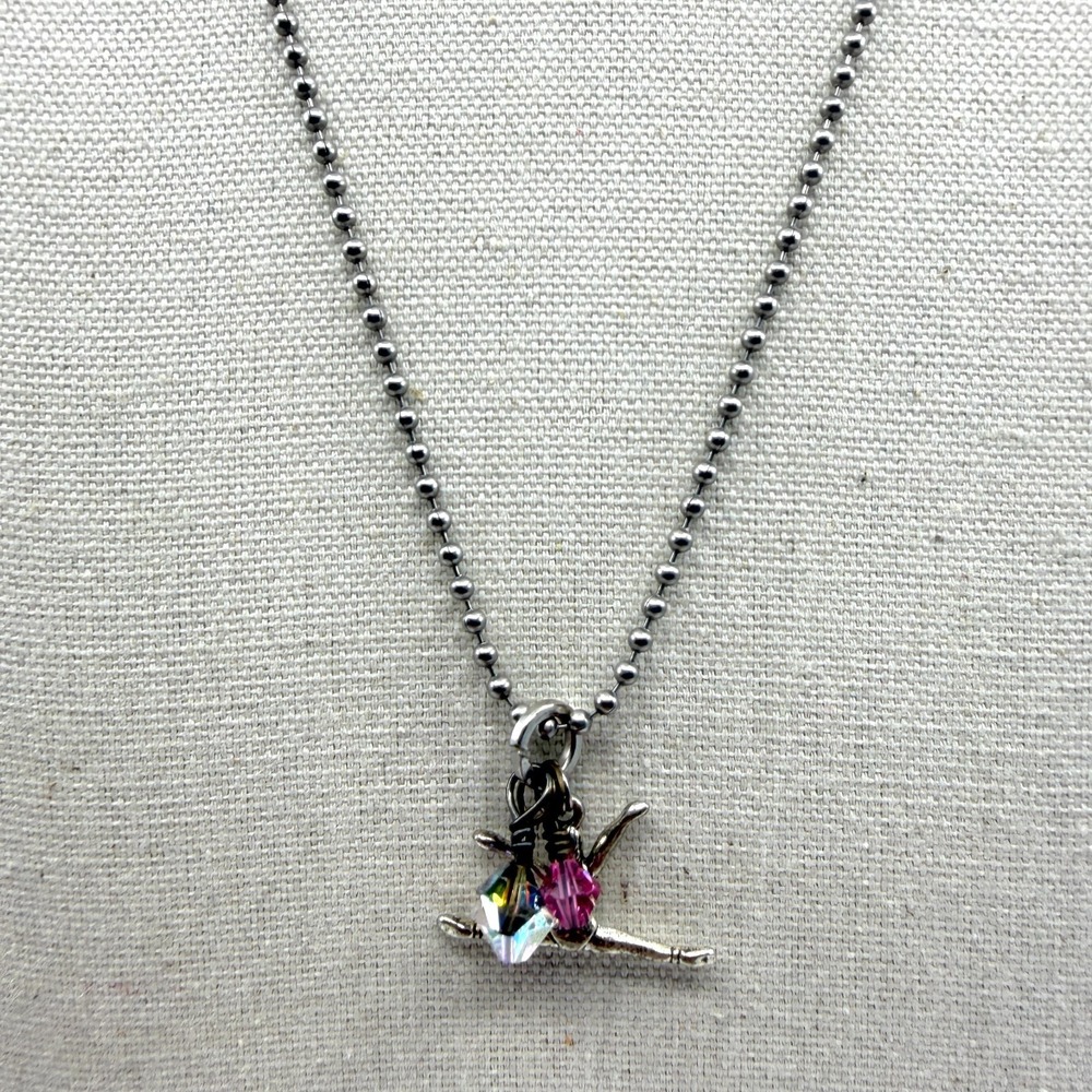 Silver Tone Ball Chain Necklace Ballet Dancer Charm Crystal Accents Coquette